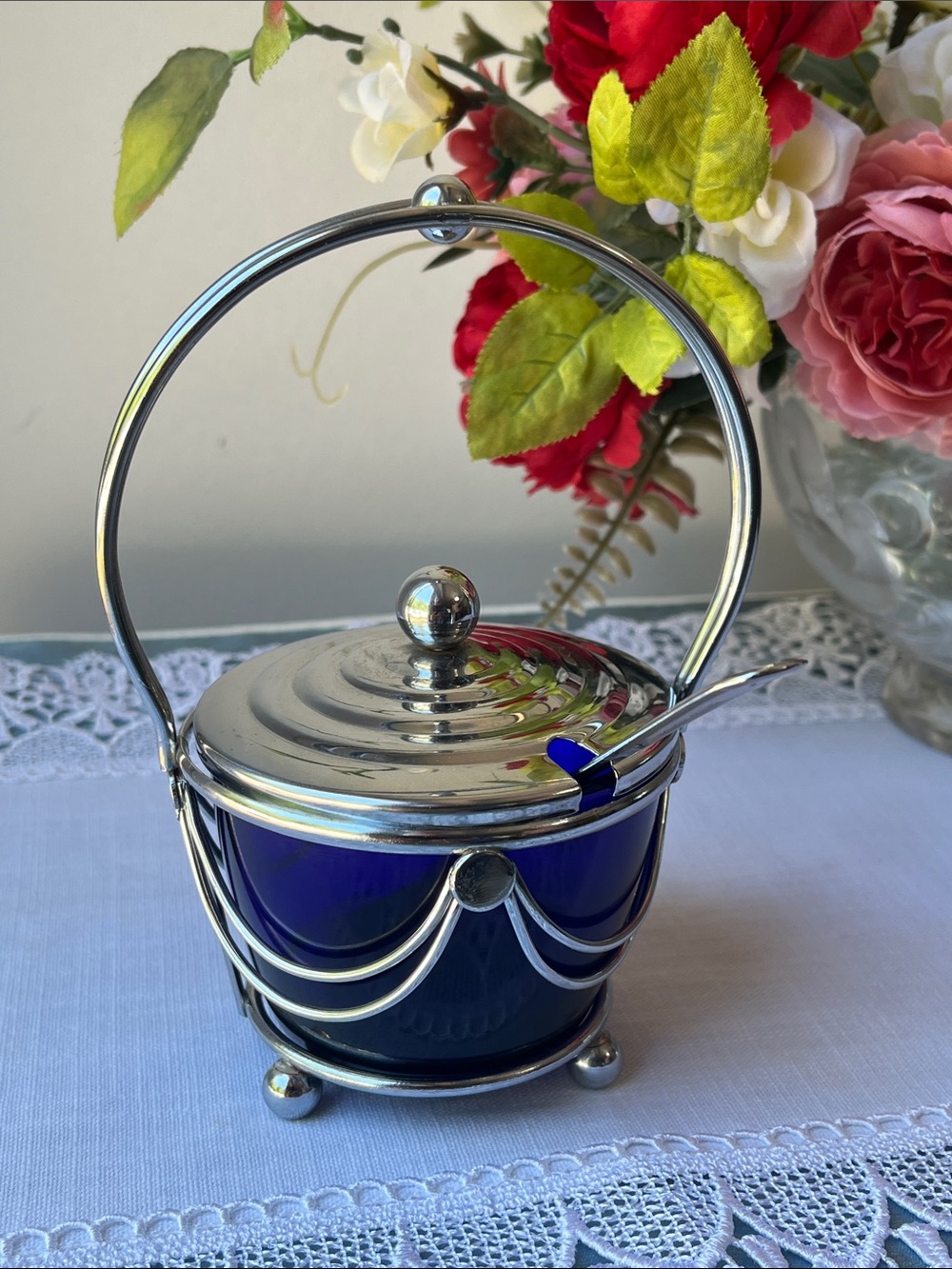 Vintage Made in England Cobalt Blue Glass Jam Pot & Chrome Caddy Set